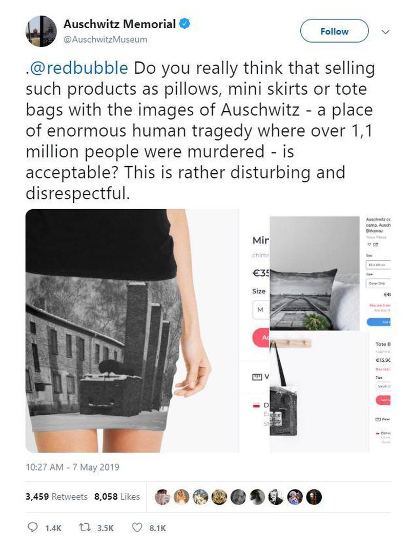 The Auschwitz Memorial condemning the website RedBubble for using images of Auschwitz on its products