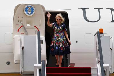 US first lady Jill Biden arrives at Cairo International Airport on Friday. AFP