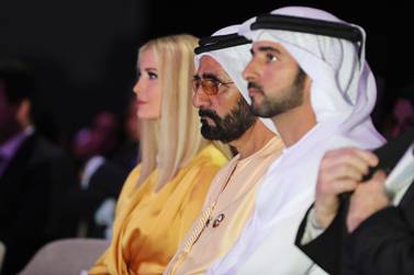 Ivanka Trump, Sheikh Mohammed bin Rashid and Sheikh Hamdan listen to a talk at the Global Women's Forum in Dubai on Sunday. Kamran Jebreili / Associated Press