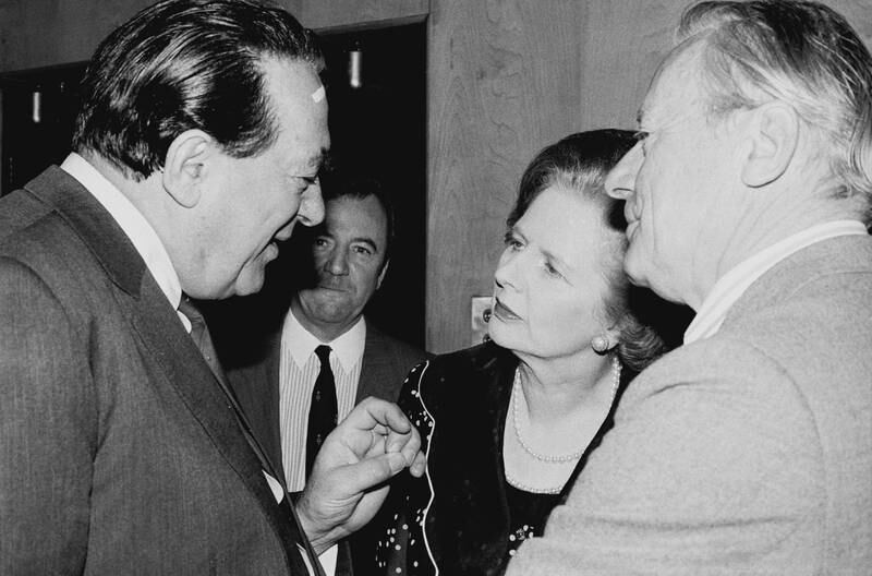 Robert Maxwell hobnobbing with former UK prime minister Margaret Thatcher. Getty