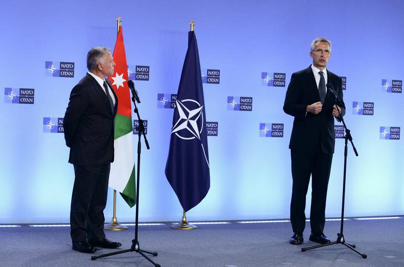 Jens Stoltenberg speaks during a joint news conference with King Abdullah. EPA