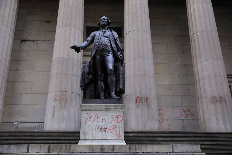 The Federal Hall in Manhattan, New York is seen marked with graffiti after protests against the death in Minneapolis police custody of George Floyd. Reuters