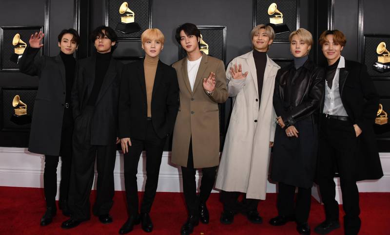 South Korean boy band BTS arrive for the 62nd Annual Grammy Awards in Bottega Veneta. AFP