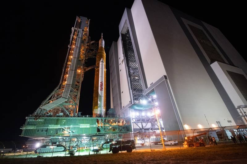 In a 10-hour journey, the Space Launch System was moved from the Vehicle Assembly Building to the Launch Pad 39B at Florida’s Kennedy Space Centre. 