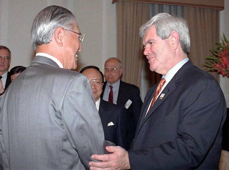 Former US Speaker of the House of Representatives Newt Gingrich (R) with then-Taiwanese President Lee Teng-hui at a meeting in Lee's office in Taipei, on April 2, 1997. AFP