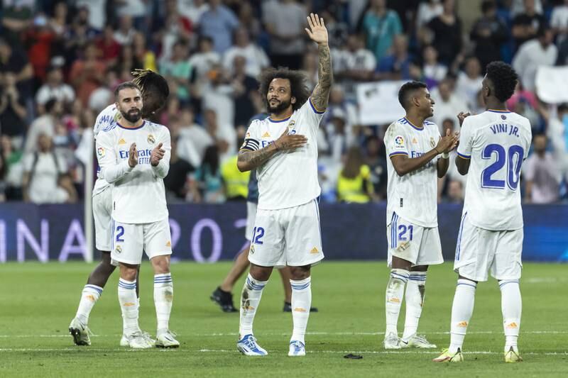 Real Madrid's Marcelo waves to fans at the end of the La Liga draw with Real Betis at the Santiago Bernabeu Stadium on Friday, May 20, 2022. EPA