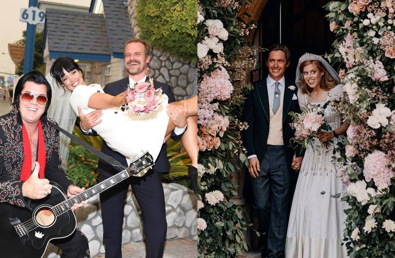 From Lily Allen and David Harbour (left) to Princess Beatrice, a few stars managed to make it down the aisle in 2020. Supplied