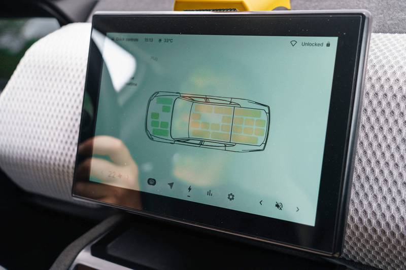 The digital display on the dashboard of the first solar car Lightyear O.  AFP