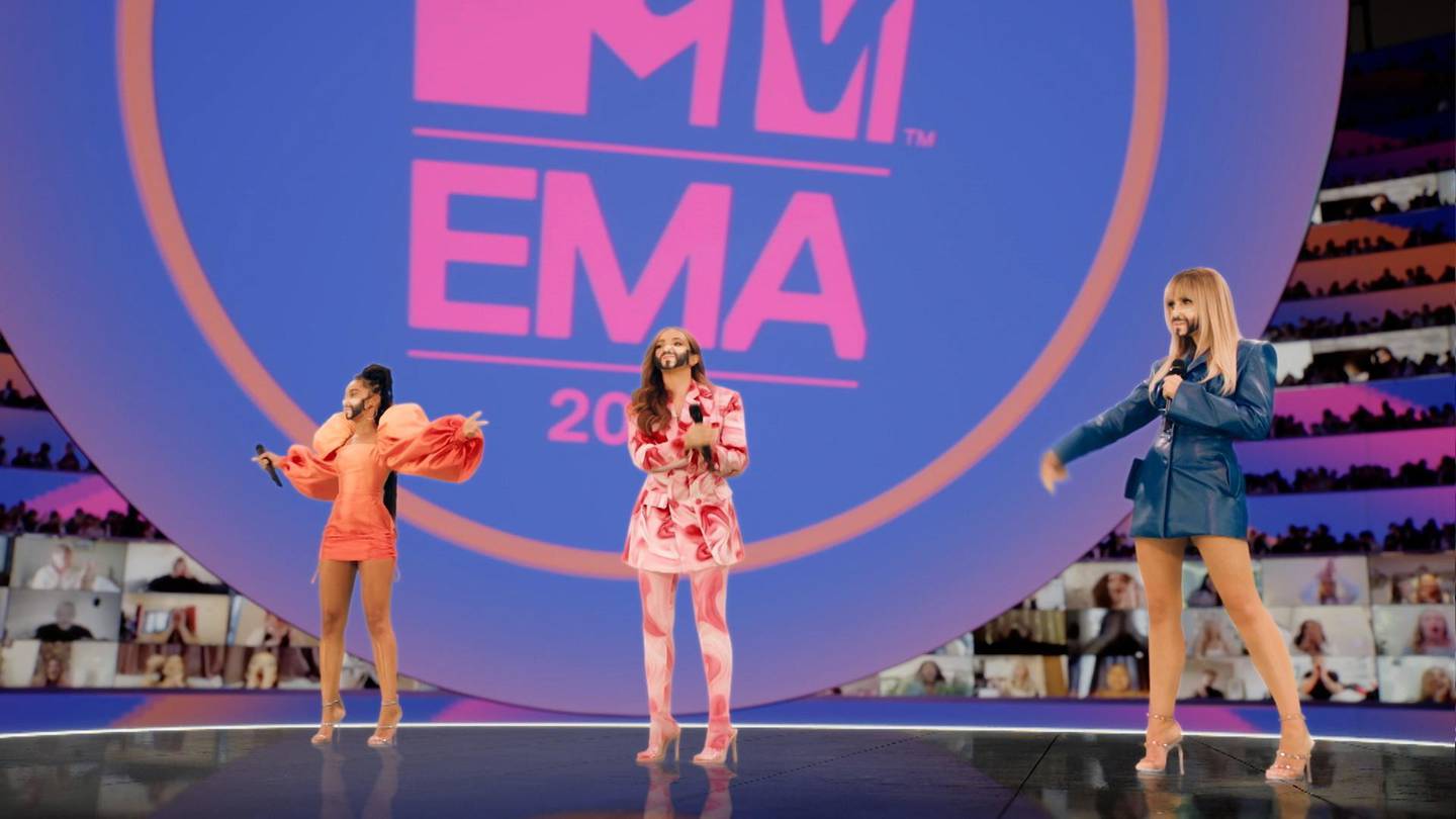 LONDON, ENGLAND - NOVEMBER 01: In this screengrab released on November 08, Hosts Leigh-Anne Pinnock, Jade Thirlwall and Perrie Edwards of Little Mix presenting at the MTV EMA's 2020 on November 01, 2020 in London, England. The MTV EMA's aired on November 08, 2020.  (Courtesy of MTV via Getty Images)