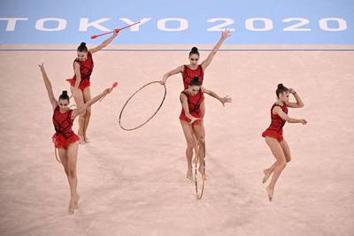 Team Bulgaria competes in the group all-around final.