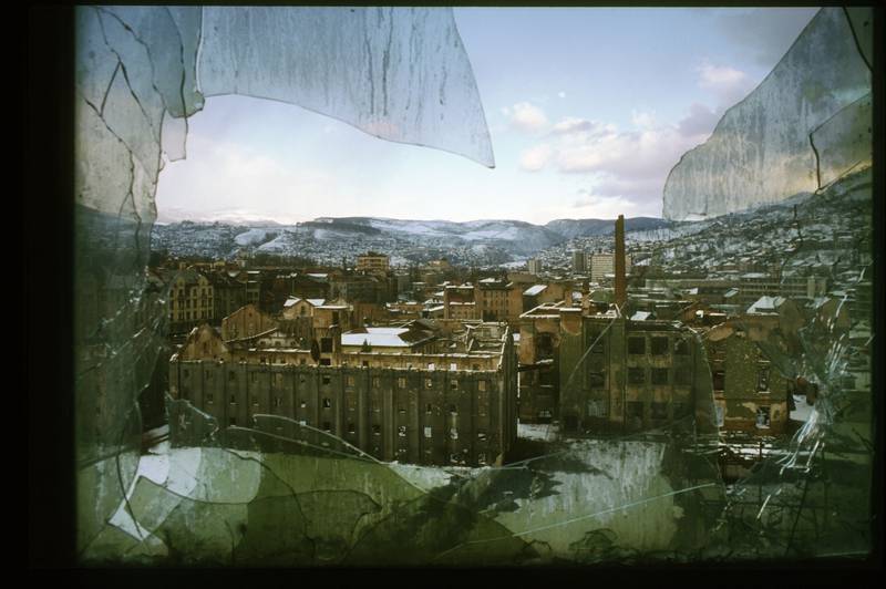 A broken window in the destroyed parliament building in March 1996 in Sarajevo. Getty Images