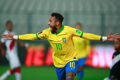 Neymar Brazil reacts after referee calls for a VAR review. Getty