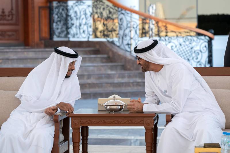ABU DHABI, UNITED ARAB EMIRATES - November 19, 2018: HH Sheikh Mohamed bin Zayed Al Nahyan, Crown Prince of Abu Dhabi and Deputy Supreme Commander of the UAE Armed Forces (R) speaks with HH Sheikh Sultan bin Zayed Al Nahyan, UAE President's Representative (L), during a Sea Palace barza.

( Mohamed Al Hammadi / Ministry of Presidential Affairs )
---