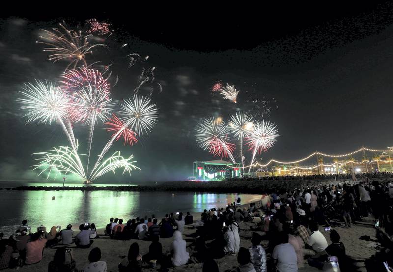 Fireworks go off at La Mer for the 48th UAE National Day on December 1, 2019. Chris Whiteoak / The National
