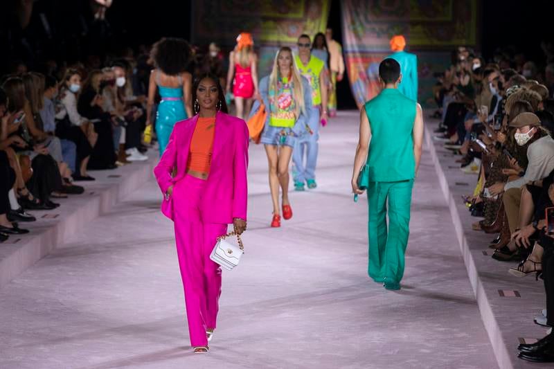 Naomi Campbell walks the runway at Versace's spring/summer 2022 presentation in Milan. EPA