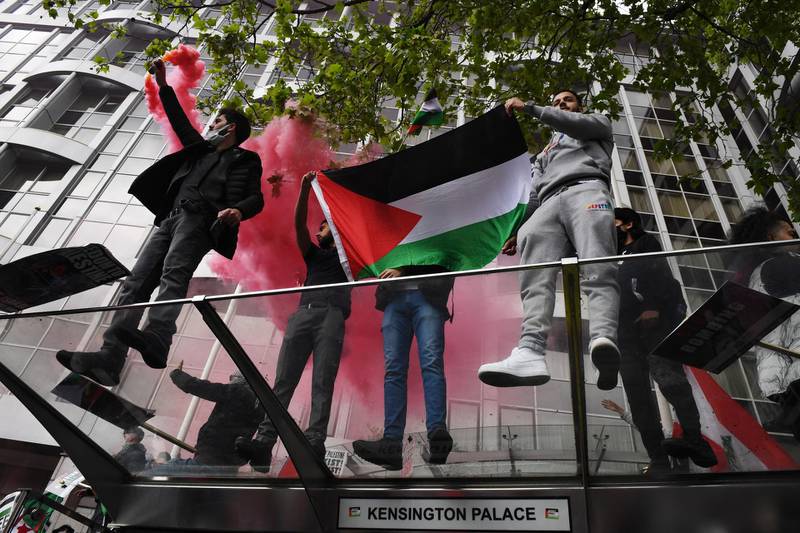 A show of support for Palestinians in London, as protesters gather outside the Israeli Embassy. Getty Images