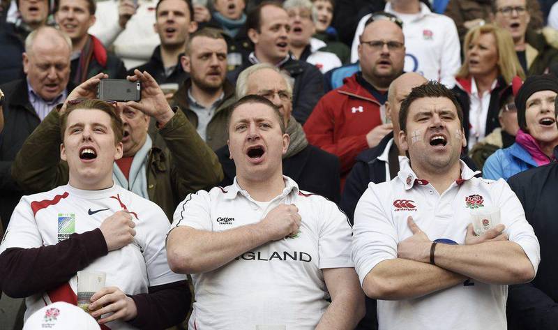 England supporters sing the national anthem before the Six Nations rugby match between England and Wales at Twickenham Stadium, London, Britain, 12 March 2016. EPA/FACUNDO ARRIZABALAGA