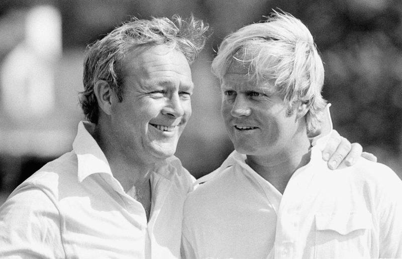 This April 4, 1973, file photo shows golfing greats Arnold Palmer and Jack Nicklaus on the course of Augusta National Golf Club in Augusta, Georgia. Palmer, who made golf popular for the masses with his hard-charging style, incomparable charisma and a personal touch that made him known throughout the golf world as "The King," died Sunday, September 25, 2016, in Pittsburgh. He was 87. AP Photo
