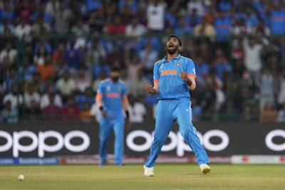India's Jasprit Bumrah celebrates the wicket of Afghanistan's Mohammad Nabi. AP 