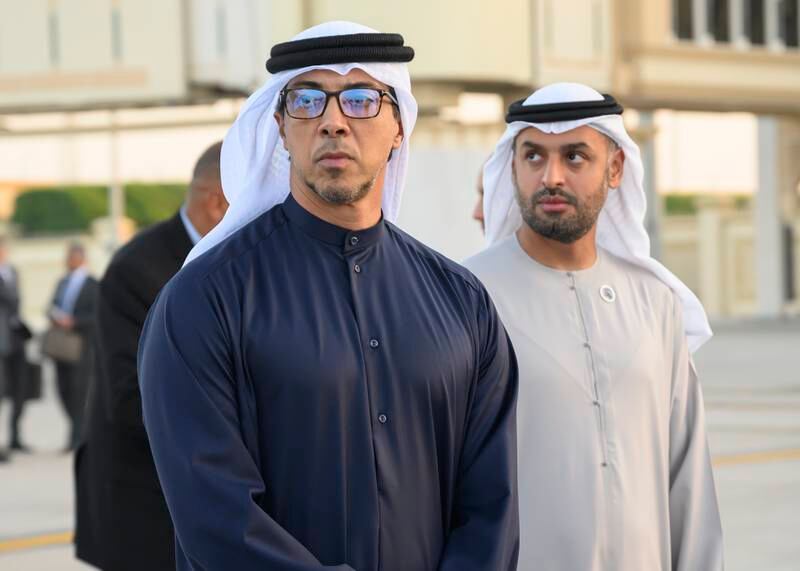Sheikh Mansour bin Zayed, UAE Deputy Prime Minister and Minister of the Presidential Court, left, and Sheikh Mohamed bin Hamad bin Tahnoon, private affairs advisor in the Presidential Court. Hamad Al Kaabi / UAE Presidential Court 