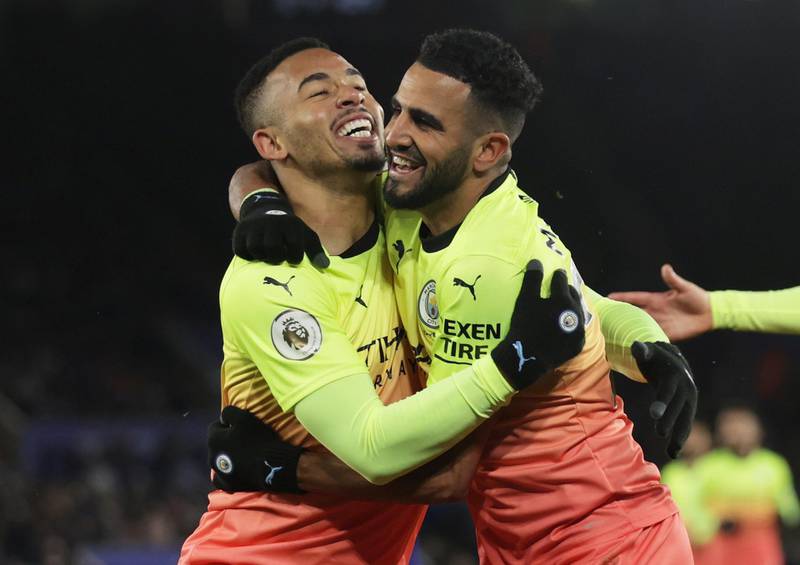 Manchester City's Gabriel Jesus celebrates scoring their goal with Riyad Mahrez. Reuters
