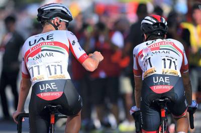 Vuelta Espana 2019 - 74th Edition - 2nd stage Benidorm - Calpe 199,6 km - 25/08/2019 - Tadej Pogacar (SLO - UAE - Team Emirates) - Fabio Aru (ITA - UAE - Team Emirates) - photo Dario Belingheri/BettiniPhoto©2019