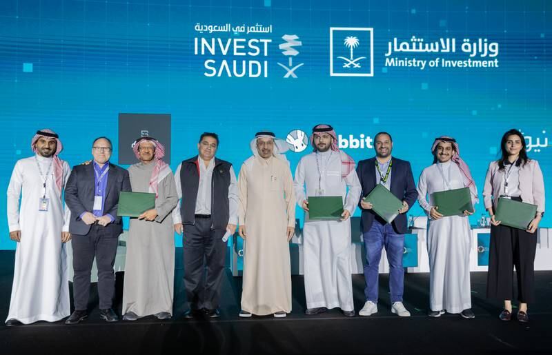 Saudi Minister of Investment Khalid Al Falih, centre left, with the start-up licence grantees during the Global Entrepreneurship Congress in Riyadh. Photo: Ministry of Investment