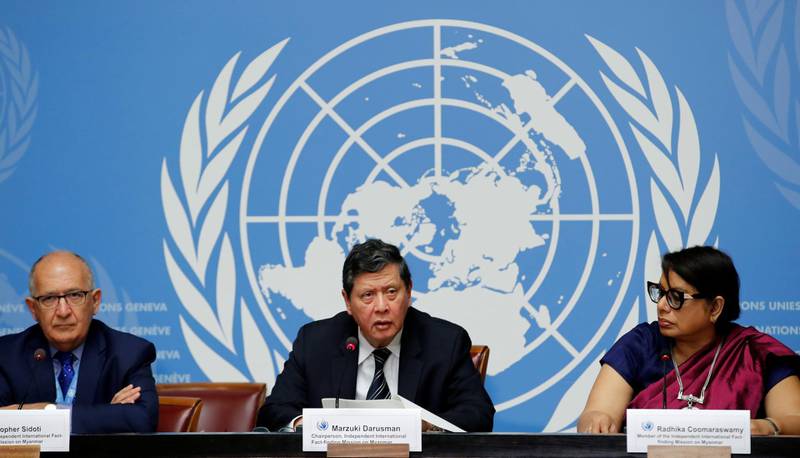 (L-R) Christopher Sidoti, Marzuki Darusman and Radhika Coomaraswamy, members of the Independent International Fact-finding Mission on Myanmar attend a news conference on the publication of its final written report at the United Nations in Geneva, Switzerland, August 27, 2018.  REUTERS/Denis Balibouse