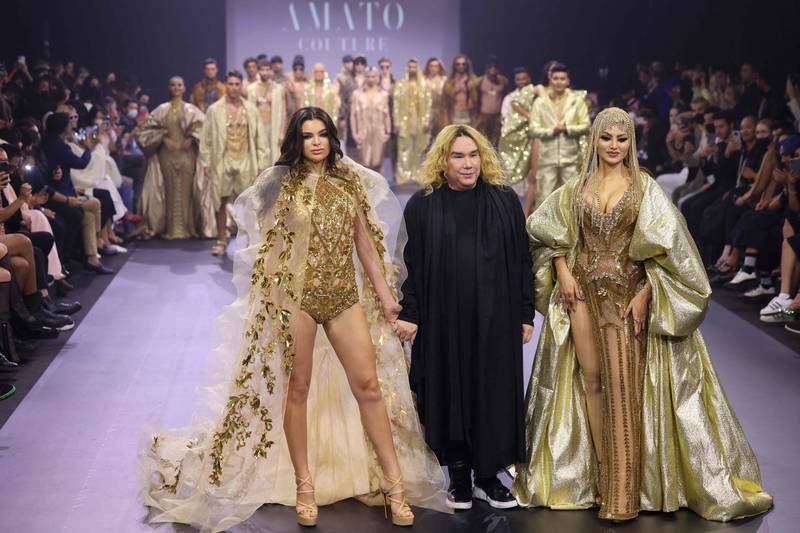 Nadia Ferreira, left, the reigning Miss Universe first runner-up and Miss Universe Paraguay, and Bollywood actress Urvashi Rautela at Furne One's show for his Amato Couture label, on the first day of Arab Fashion Week Menswear. All photos: AFP