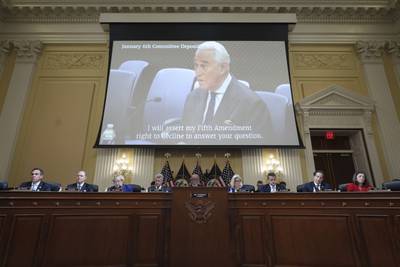 A video of Roger Stone, former adviser to Donald Trump's presidential campaign, is played on a screen during the latest hearings. Getty