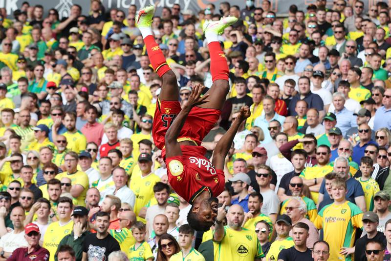 Watford's Emmanuel Dennis celebrates scoring against Norwich City in the Premier League match at Carrow Road on Saturday, September 19. Reuters