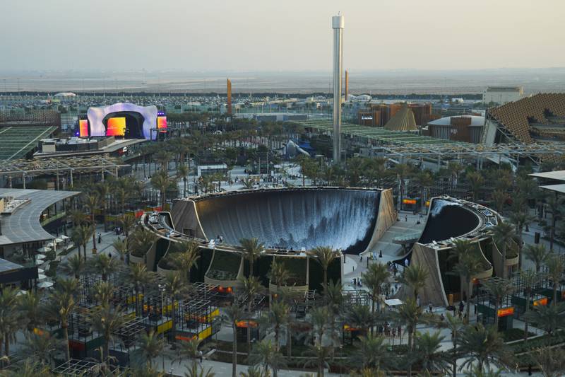 The Water Feature at sunset at Expo 2020 Dubai, where millions of visitors will travel over the next six months. AP
