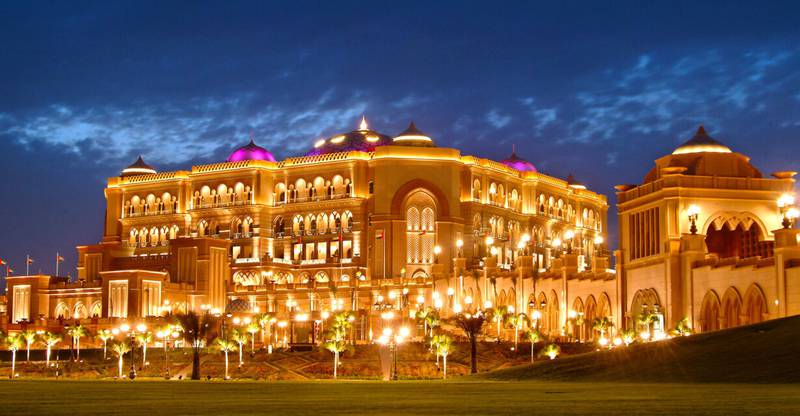 The golden glow of the Emirates Palace at night. Photo: WATG