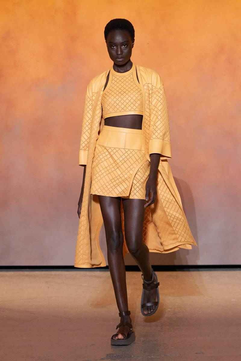 A mini skirt worked in with a matching look at Hermes.