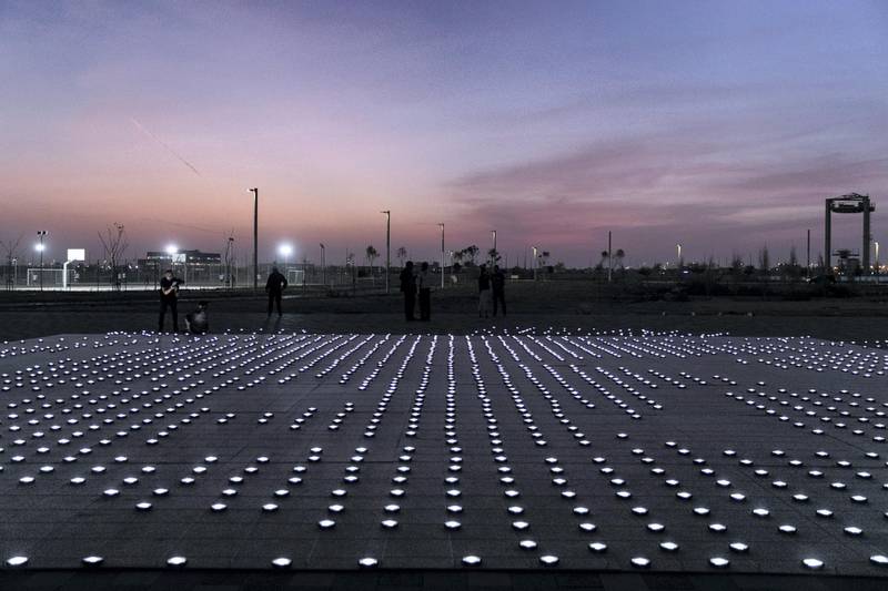 1ABU DHABI, UNITED ARAB EMIRATES - JANUARY 9, 2019. A 20mx20m light installation, comprised of 2,000 solar lanterns, arranged to reveal the Zayed Sustainability Prize logo.Following a month-long, five-country, transcontinental journey, the Zayed Sustainability Prizes Guiding Light campaign arrived to Abu Dhabi today. (Photo by Reem Mohammed/The National)Reporter: Section:  NA