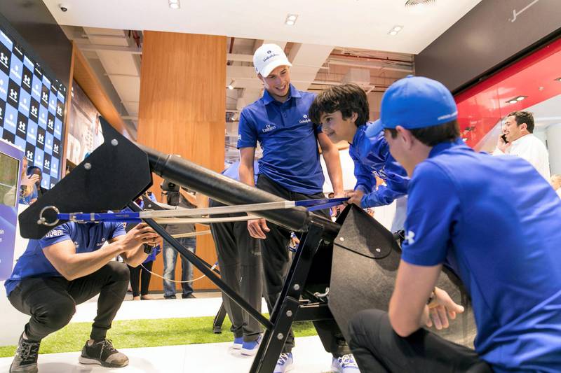 DUBAI, UNITED ARAB EMIRATES - MARCH 06, 2018.

Godolphin jockey William Buick coaches
Mohammed bin Ahmed Jaber Al Harbi, on a horse race simulator.

(Photo: Reem Mohammed/ The National)

Reporter: 
Section: NA