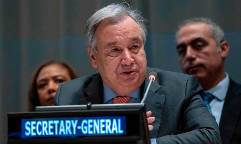United Nations Secretary General Antonio Guterres addresses the United Nations Group of 77 and China January 15, 2019 at the United Nations in New York.                         The event marked the state of Palestine taking over the chair of the G77 and China. / AFP / Don EMMERT
