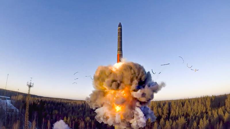 A rocket launches from a missile system as part of a ground-based intercontinental ballistic missile test in December launched from the Plesetsk facility in northwestern Russia. AP