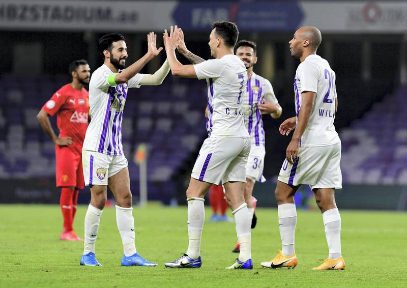 Caio Canedo (near to the camera) celebrates a goal in their 3-1 win over Fujairah in the Arabian Gulf League at the Hazza bin Zayed stadium on Friday, February 19, 2021. Courtesy PLC