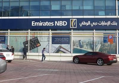 Dubai, United Arab Emirates - April13, 2017.  Emirates NBD bank in Al Barsha area.  ( Jeffrey E Biteng / The National )  Editor's Note;  ID 19393 *** Local Caption ***  JB130417-Banksstocks03.jpg
