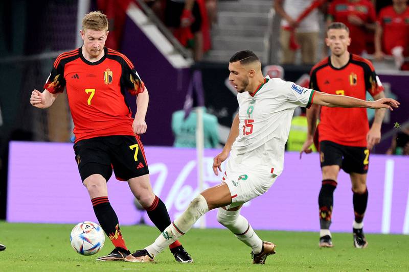 Morocco midfielder Selim Amallah controls the ball past Belgium's midfielder Kevin De Bruyne. AFP