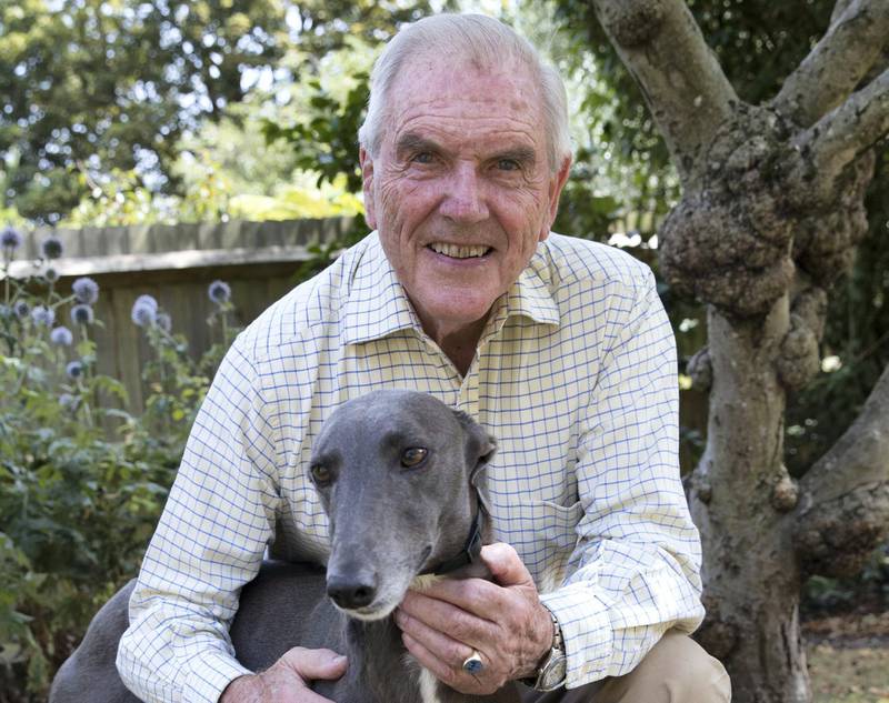 LONDON 7th August 2018.  Former Middle East diplomat Sir Terence Clark with his greyhound dog Milly at his home in London. Stephen Lock for the National . Words: James Langton. 