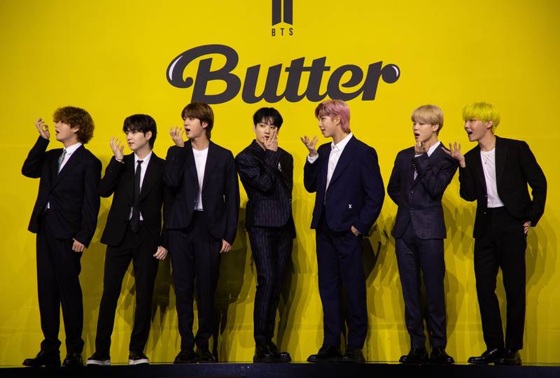From left, V, Suga, Jin, Jung Kook, RM, Jimin and J-Hope at the launch of BTS new single 'Butter' in Seoul, South Korea, May 21, 2021. Reuters