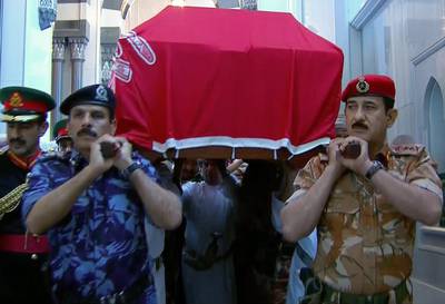 Members of the Omani military carry the coffin of Sultan Qaboos. AFP