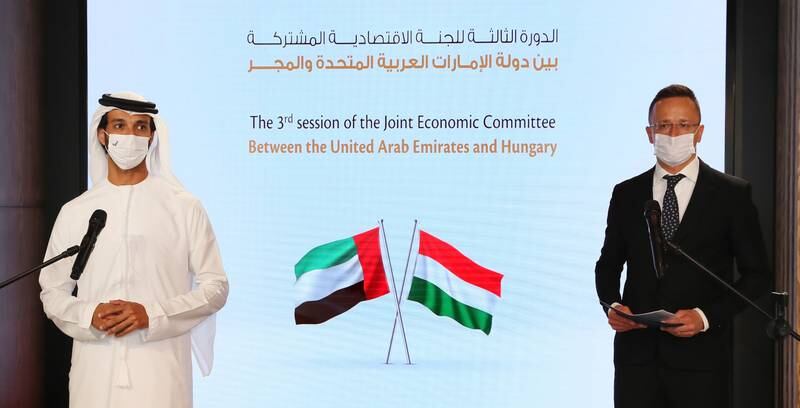 Abdulla bin Touq, Minister of Economy, and Peter Szijjarto, Hungarian Minister of Foreign Affairs and Trade, met during the third Joint Economic Committee. Photo: Ministry of Economy