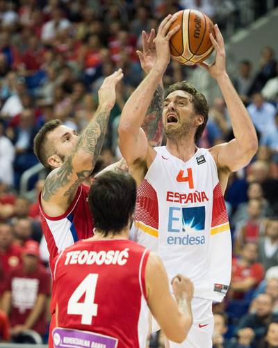 Spain's Pau Gasol of the Chicago Bulls shown in action against Serbia's Miroslav Raduljica, left during EuroBasket 2015 on Saturday. Lukas Schulze / EPA