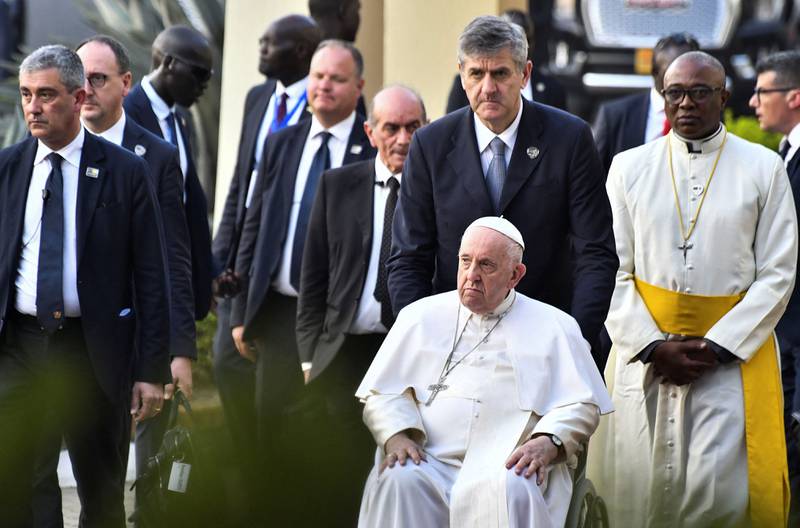 Pope Francis attends a meeting with authorities, leaders of civil society and the diplomatic corps, in the garden of the Presidential Palace. Reuters
