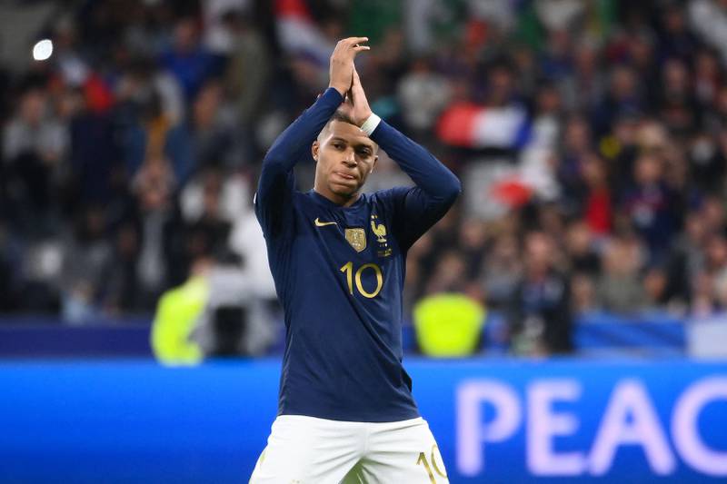France forward Kylian Mbappe applauds supporters after the final whistle. AFP