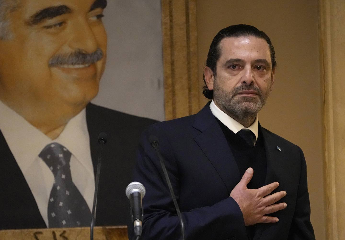 Former Lebanese Prime Minister Saad Hariri was visibly emotional as he announced he is suspending his work in politics and will not run in May's parliamentary elections. AP
