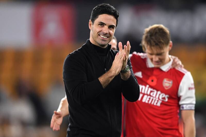 Mikel Arteta applauds fans following Arsenal's victory over Wolverhampton Wanderers at Molineux. Getty